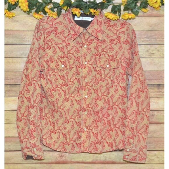 Tommy Hilfiger Ladies L Red Gold Paisley Pearl Snap Shirt Size L Holiday Western - Picture 1 of 9